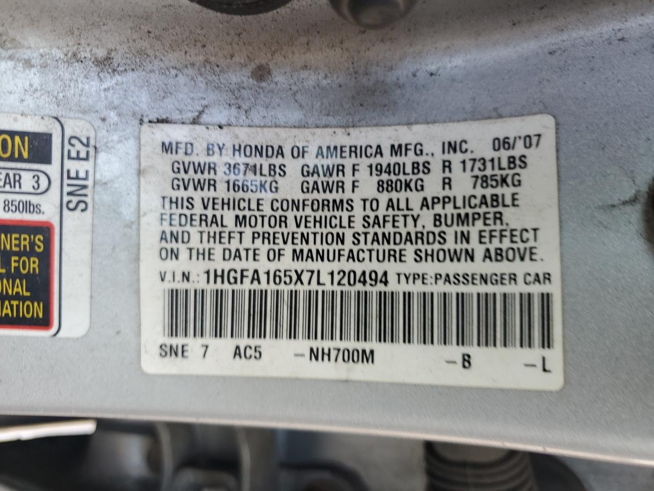 2007 Honda Civic Lx VIN: 1HGFA165X7L120494 Lot: 68421095