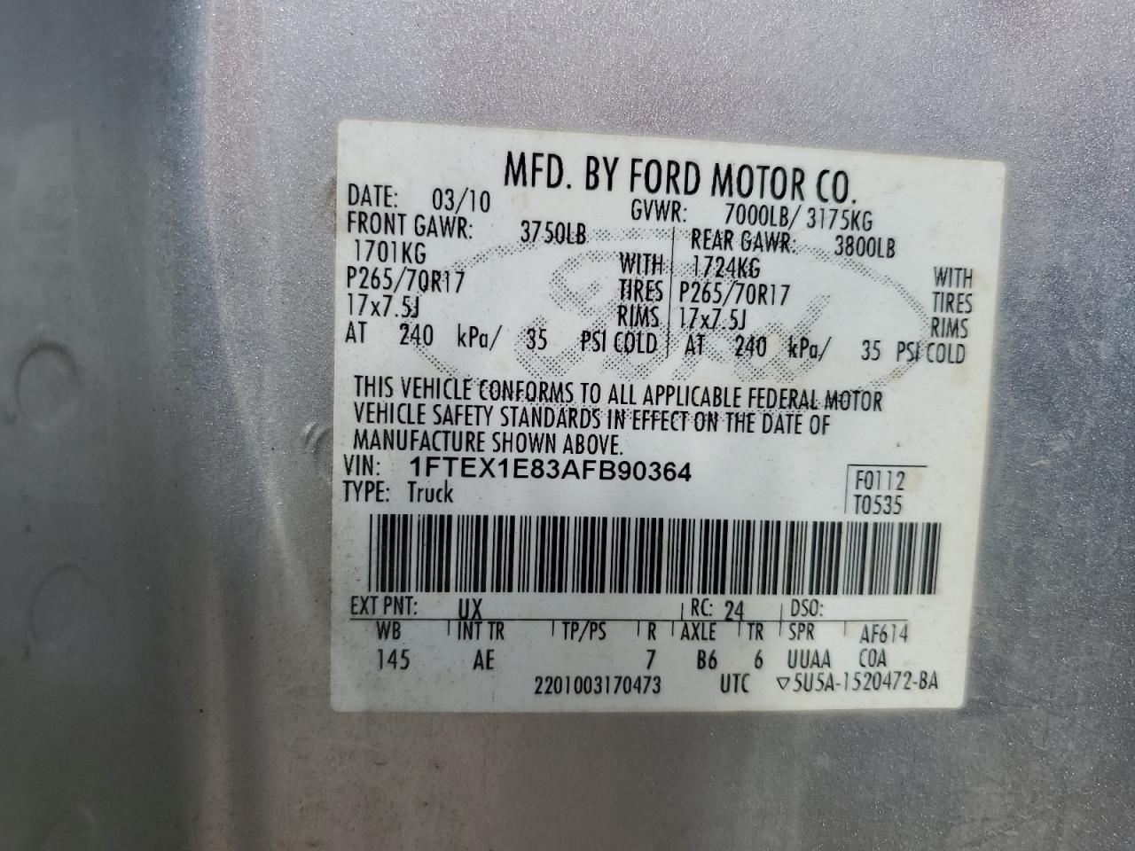 2010 Ford F150 Super Cab VIN: 1FTEX1E83AFB90364 Lot: 67786115