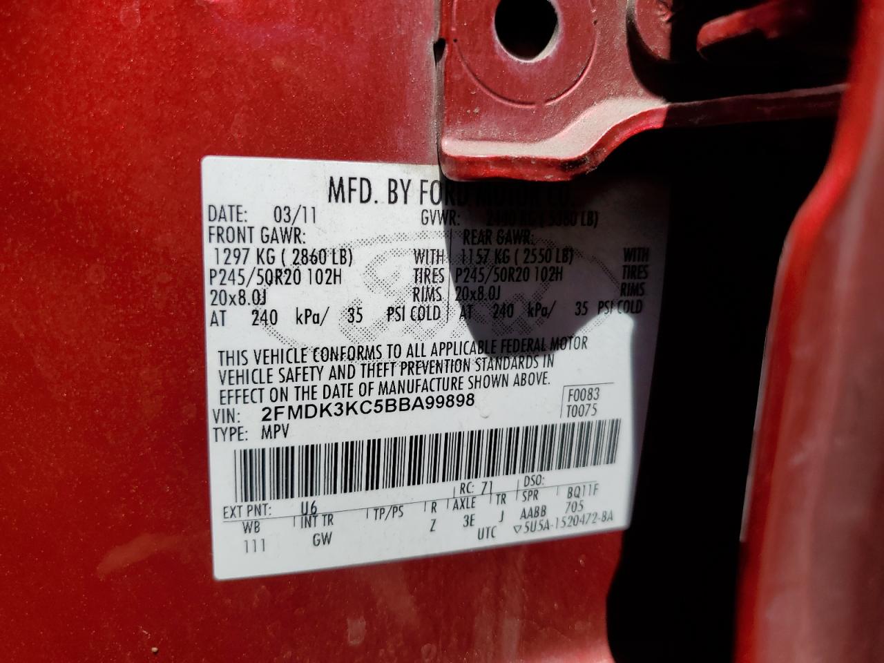 2011 Ford Edge Limited VIN: 2FMDK3KC5BBA99898 Lot: 69874275