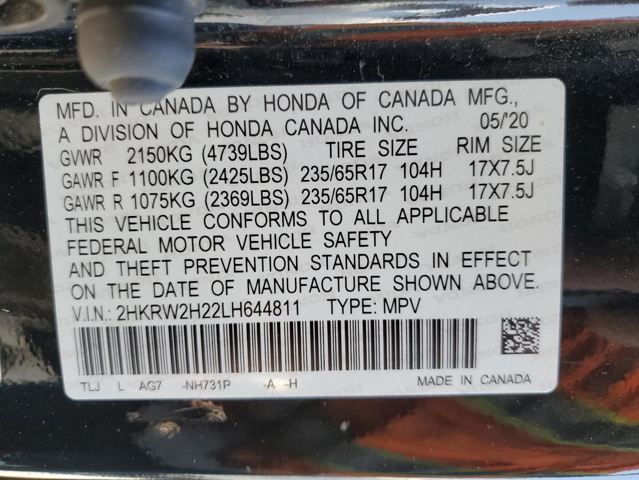 2020 Honda Cr-V Lx VIN: 2HKRW2H22LH644811 Lot: 68392315