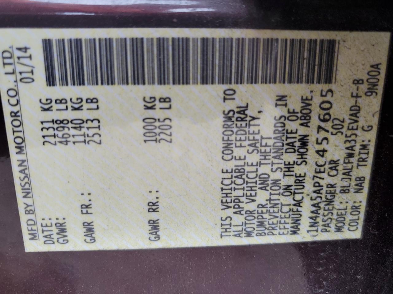 2014 Nissan Maxima S VIN: 1N4AA5AP7EC457605 Lot: 67977225