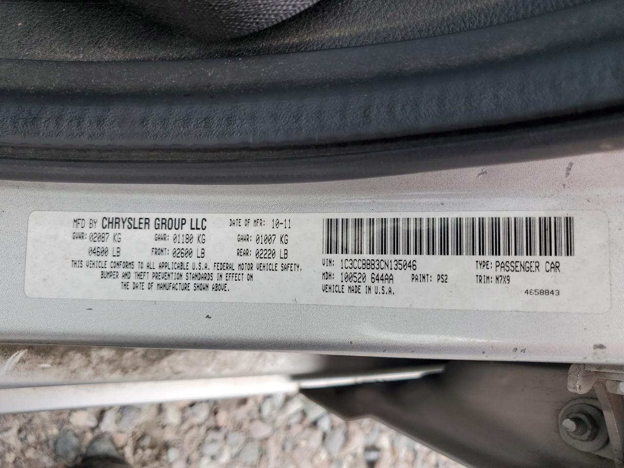 2012 Chrysler 200 Touring VIN: 1C3CCBBB3CN135046 Lot: 68892005