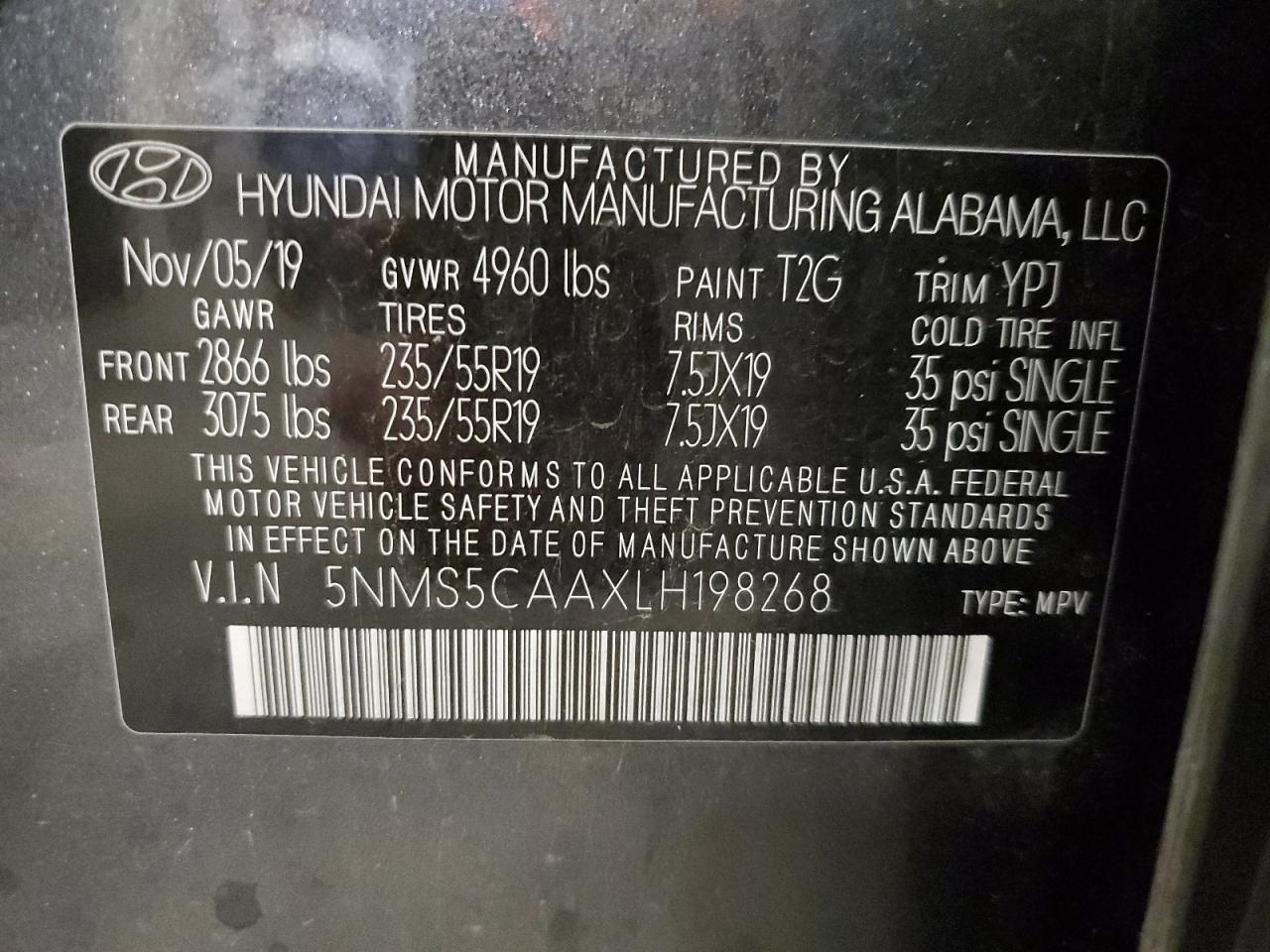 2020 Hyundai Santa Fe Limited VIN: 5NMS5CAAXLH198268 Lot: 70297825