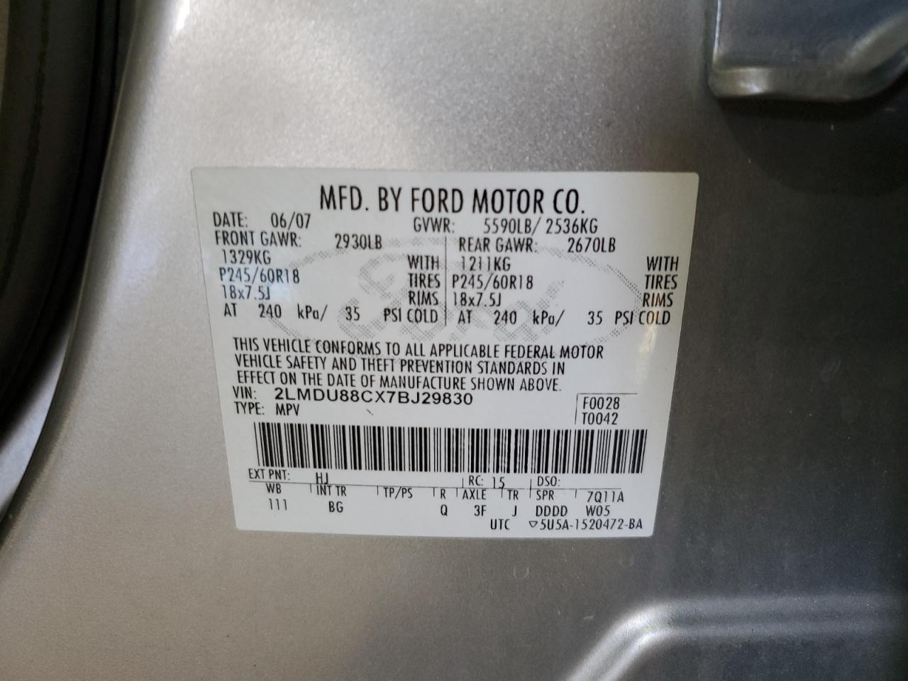 2007 Lincoln Mkx VIN: 2LMDU88CX7BJ29830 Lot: 70235565