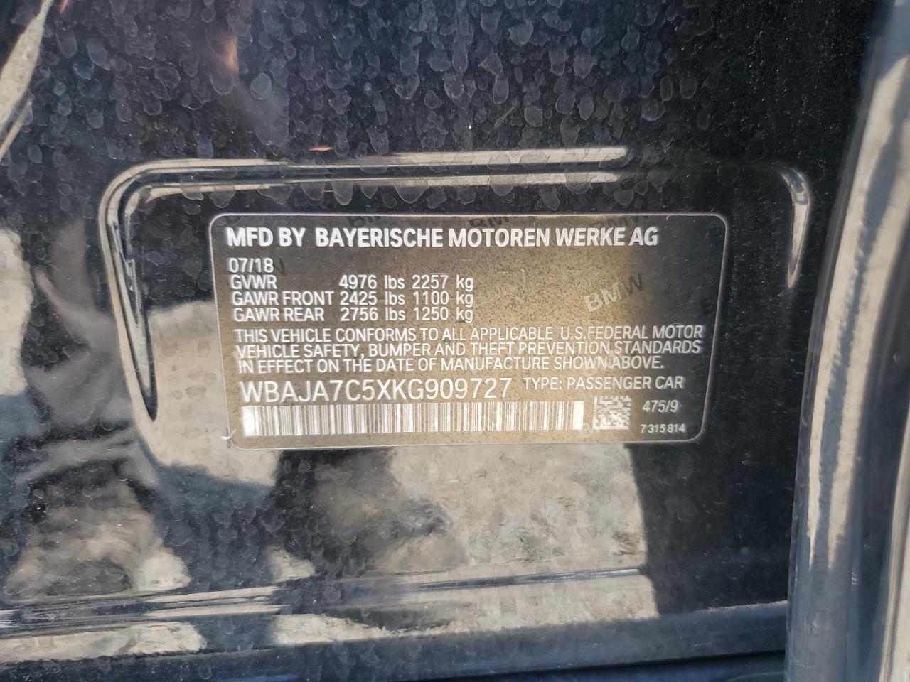 2019 BMW 530 Xi VIN: WBAJA7C5XKG909727 Lot: 91377295