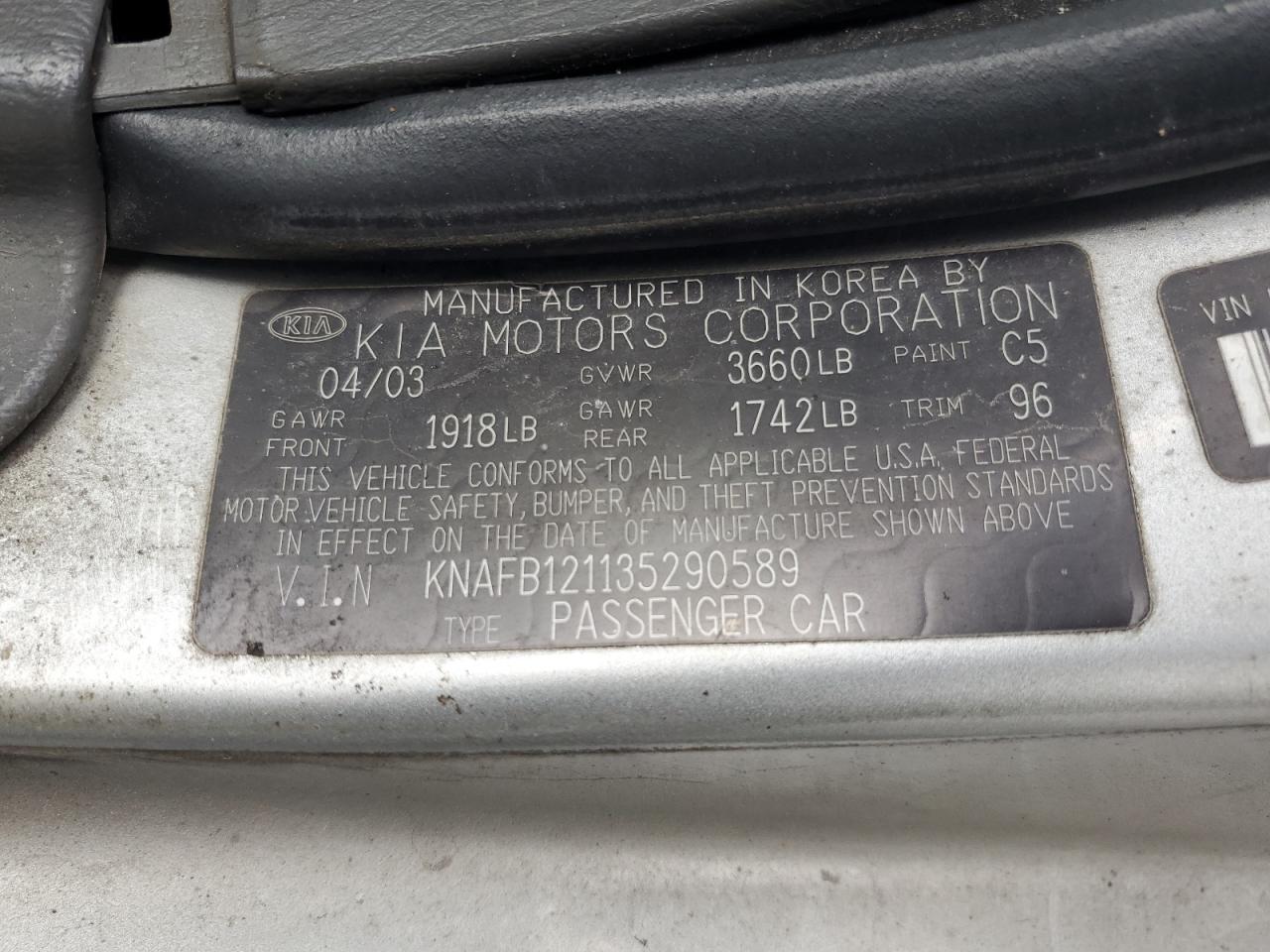 2003 Kia Spectra Base VIN: KNAFB121135290589 Lot: 69412795