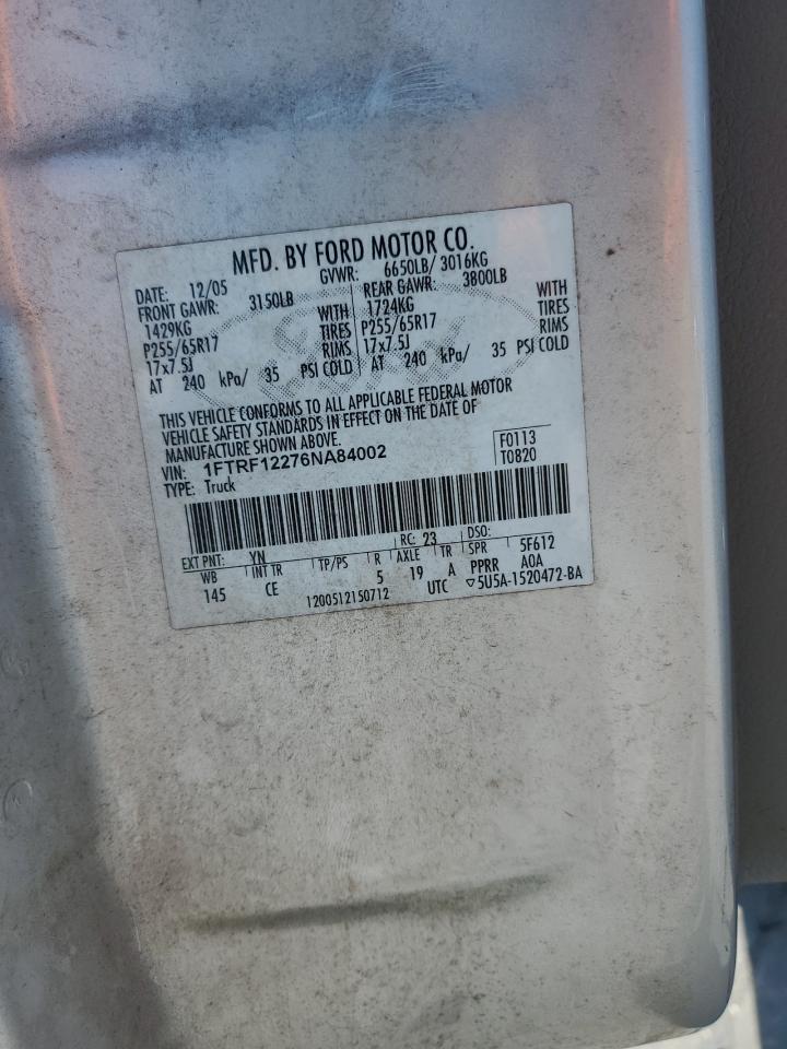 2006 Ford F150 VIN: 1FTRF12276NA84002 Lot: 69367545