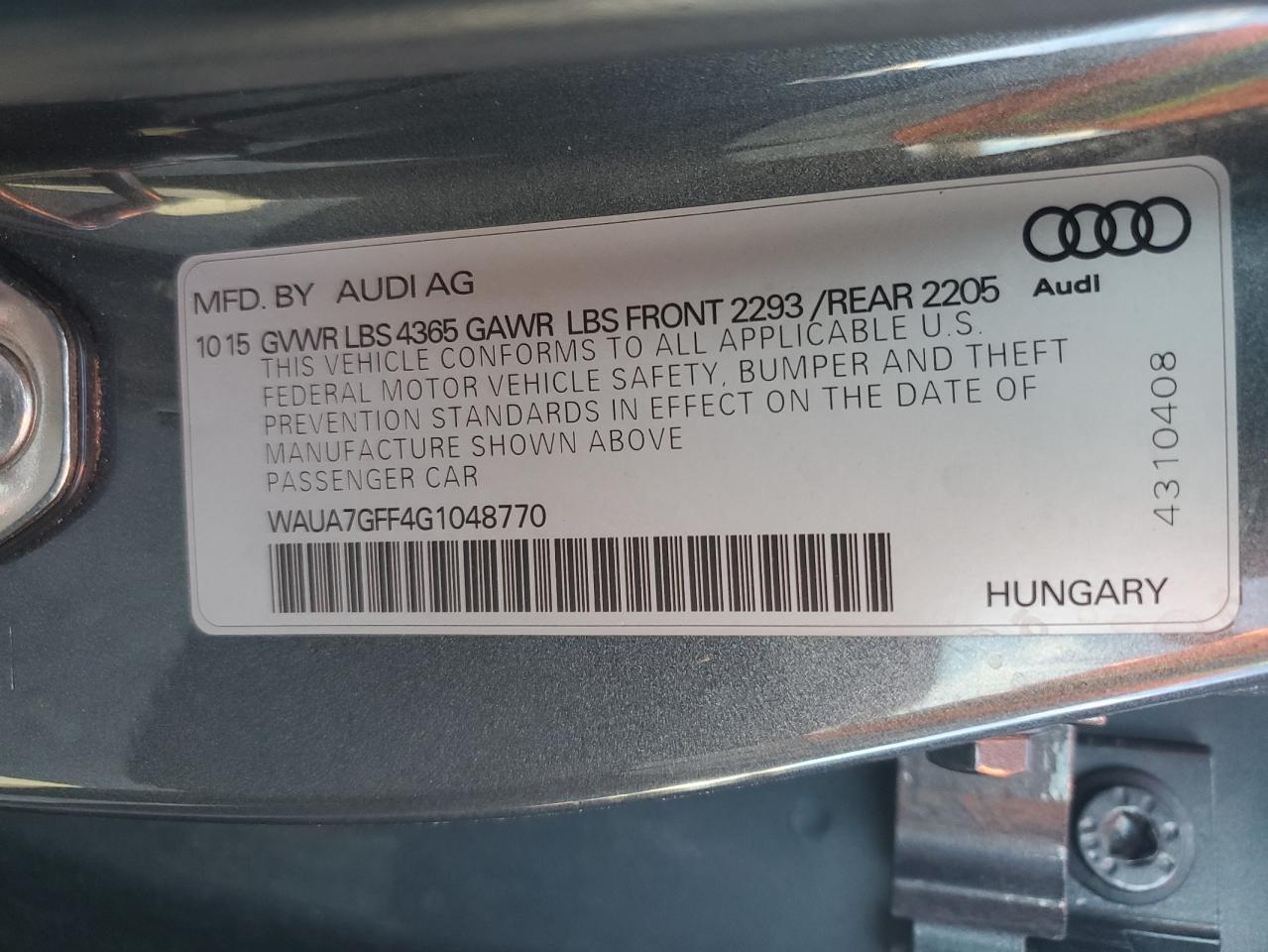 2016 Audi A3 Premium VIN: WAUA7GFF4G1048770 Lot: 70525535
