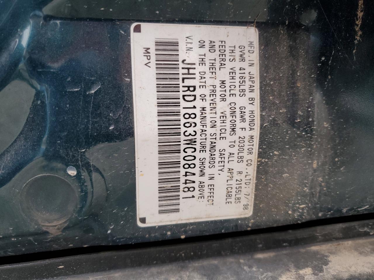 1998 Honda Cr-V Ex VIN: JHLRD1863WC084481 Lot: 66469225