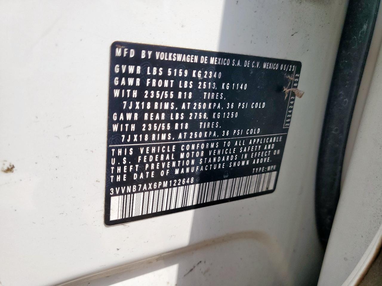 2023 Volkswagen Tiguan Se VIN: 3VVNB7AX6PM122648 Lot: 67576405