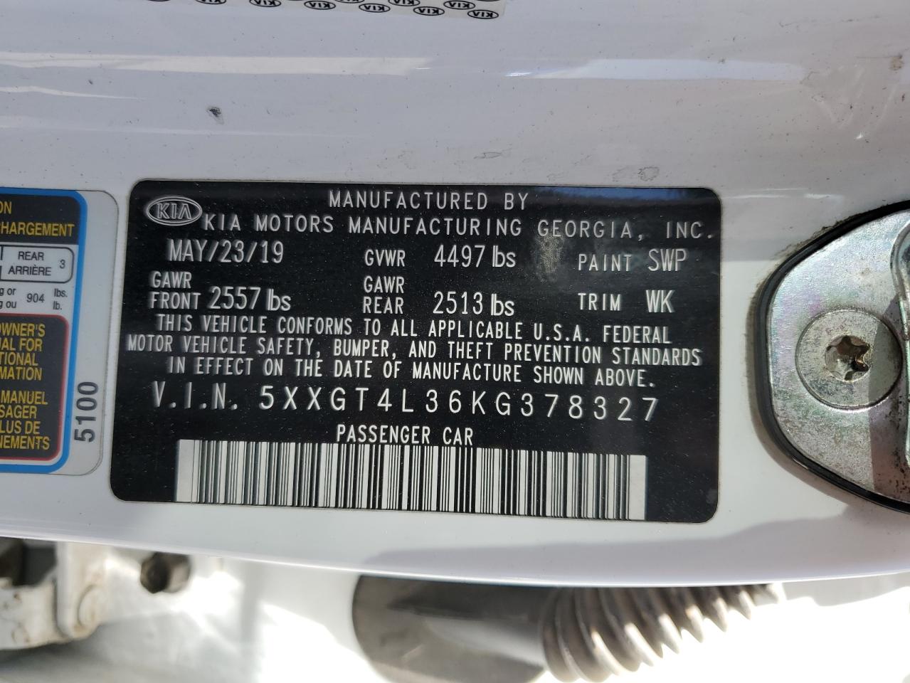 2019 Kia Optima Lx VIN: 5XXGT4L36KG378327 Lot: 69629765