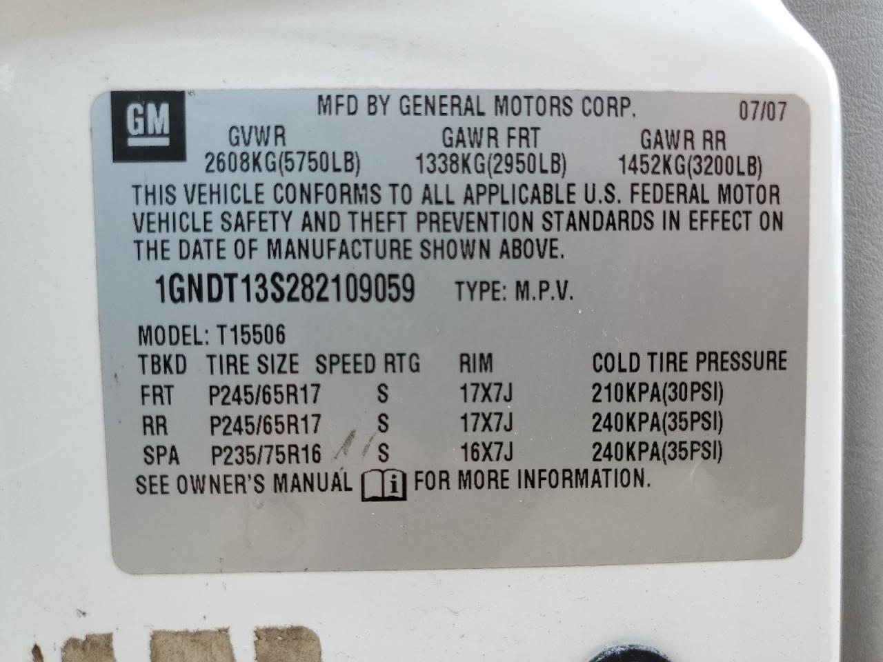 2008 Chevrolet Trailblazer Ls VIN: 1GNDT13S282109059 Lot: 69051905