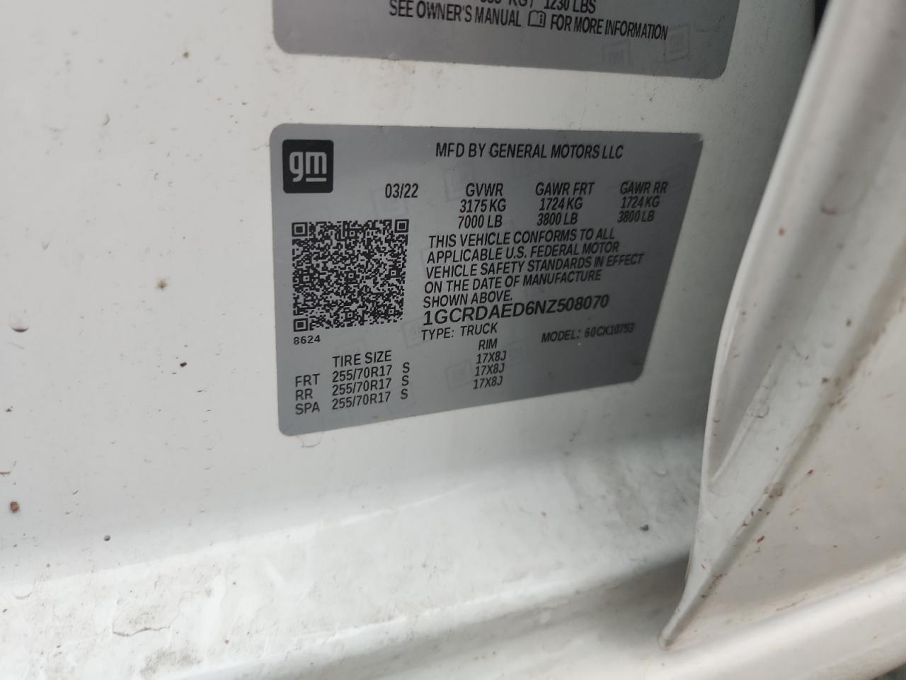 2022 Chevrolet Silverado K1500 VIN: 1GCRDAED6NZ508070 Lot: 68342795