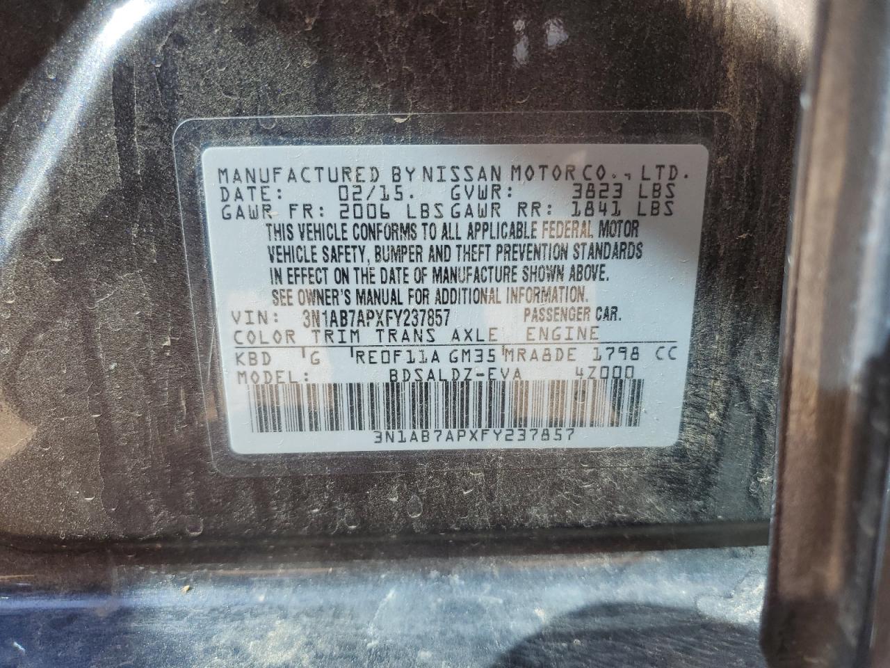 2015 Nissan Sentra S VIN: 3N1AB7APXFY237857 Lot: 69518625