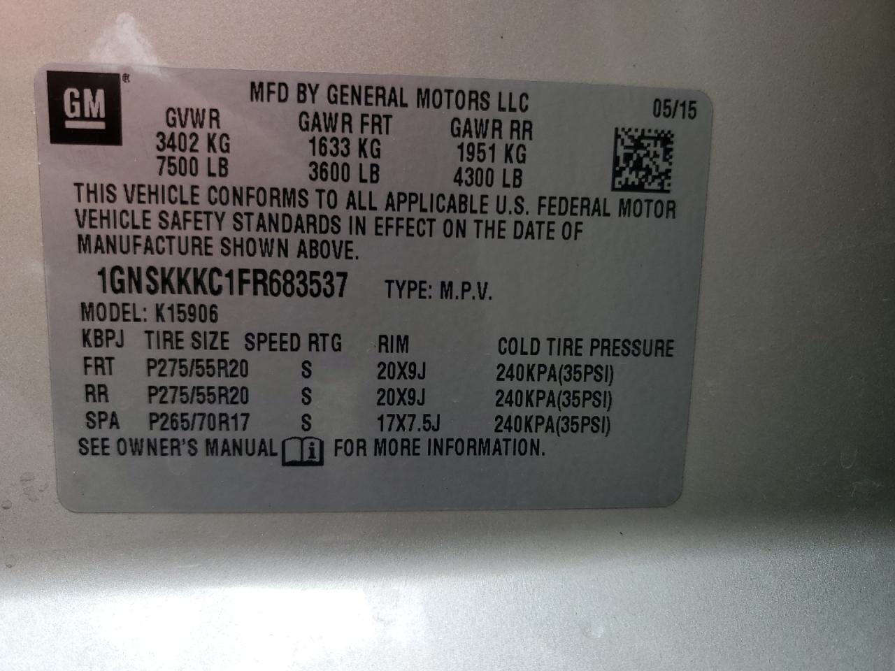 2015 Chevrolet Suburban K1500 Ltz VIN: 1GNSKKKC1FR683537 Lot: 68877865
