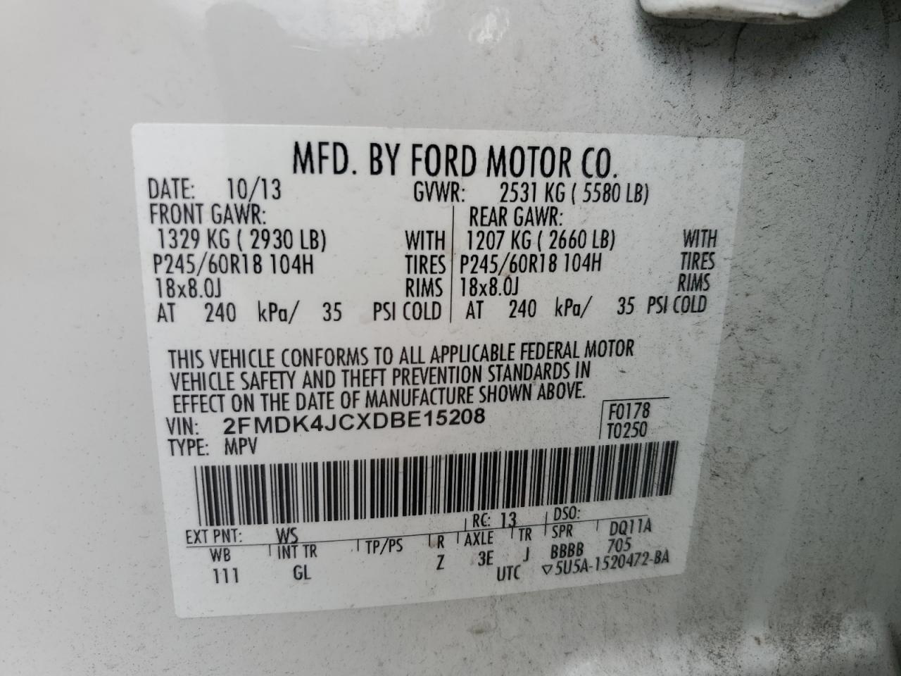 2013 Ford Edge Sel VIN: 2FMDK4JCXDBE15208 Lot: 67371295