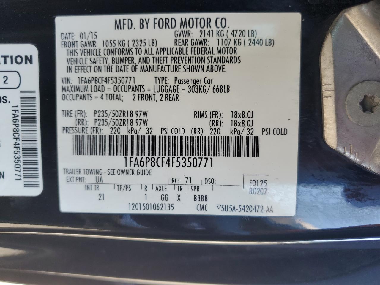 2015 Ford Mustang Gt VIN: 1FA6P8CF4F5350771 Lot: 68148465