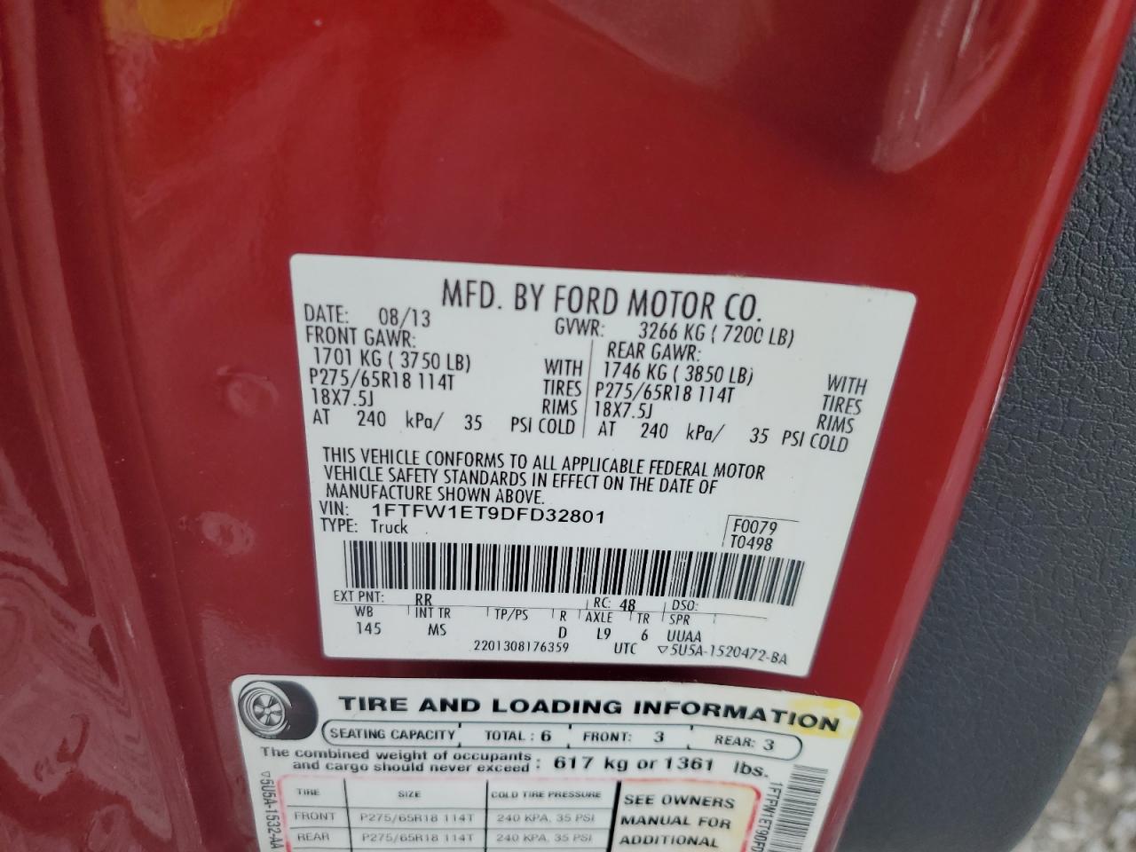 2013 Ford F150 Supercrew VIN: 1FTFW1ET9DFD32801 Lot: 69624745