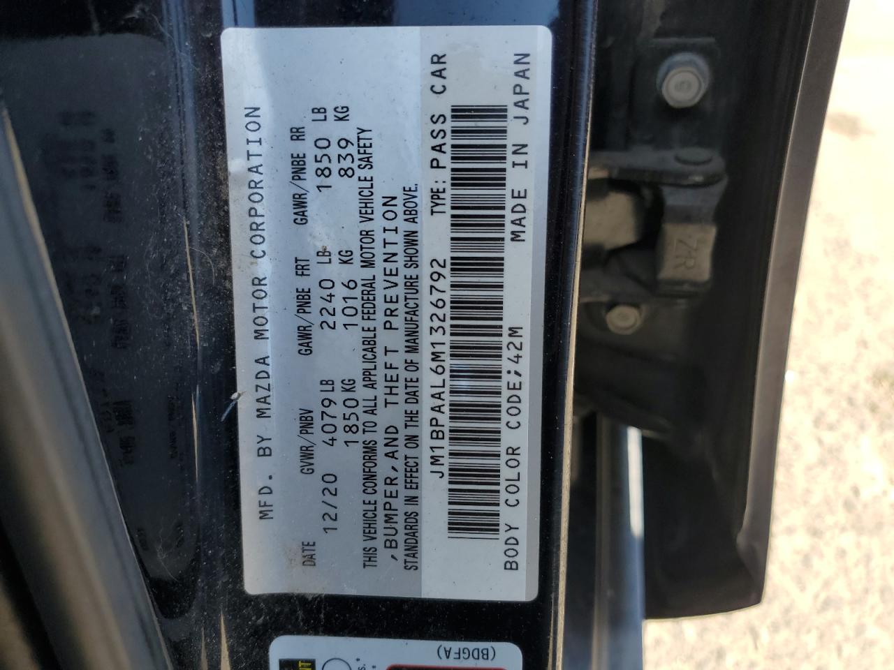 2021 Mazda 3 VIN: JM1BPAAL6M1326792 Lot: 69459415