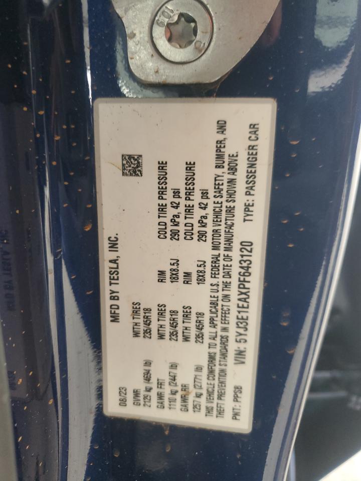 2023 Tesla Model 3 VIN: 5YJ3E1EAXPF643120 Lot: 67834315