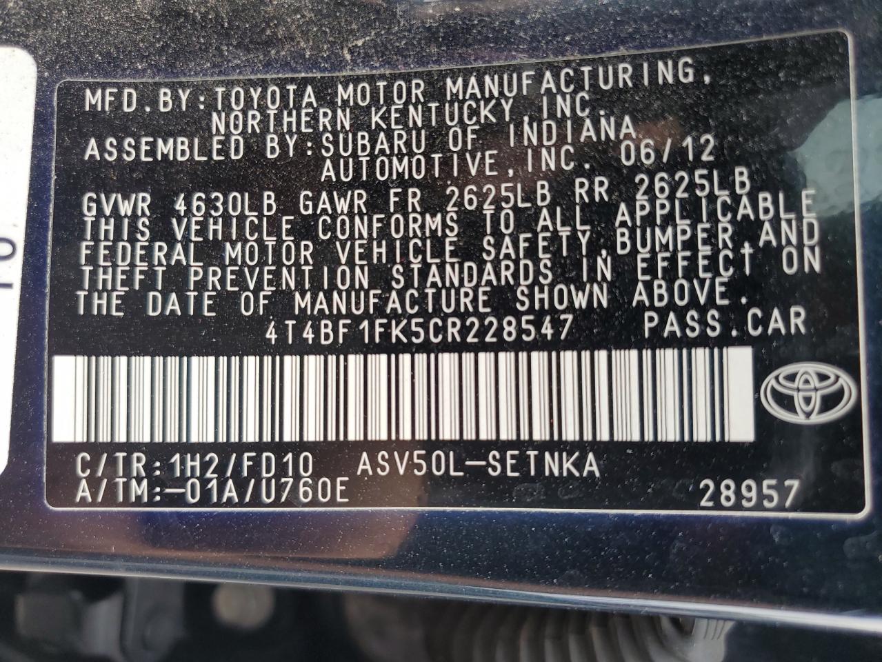 4T4BF1FK5CR228547 2012 Toyota Camry Base