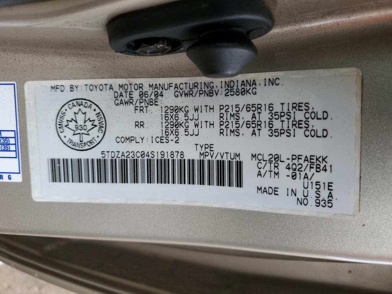2004 Toyota Sienna Ce VIN: 5TDZA23C04S191878 Lot: 69263095