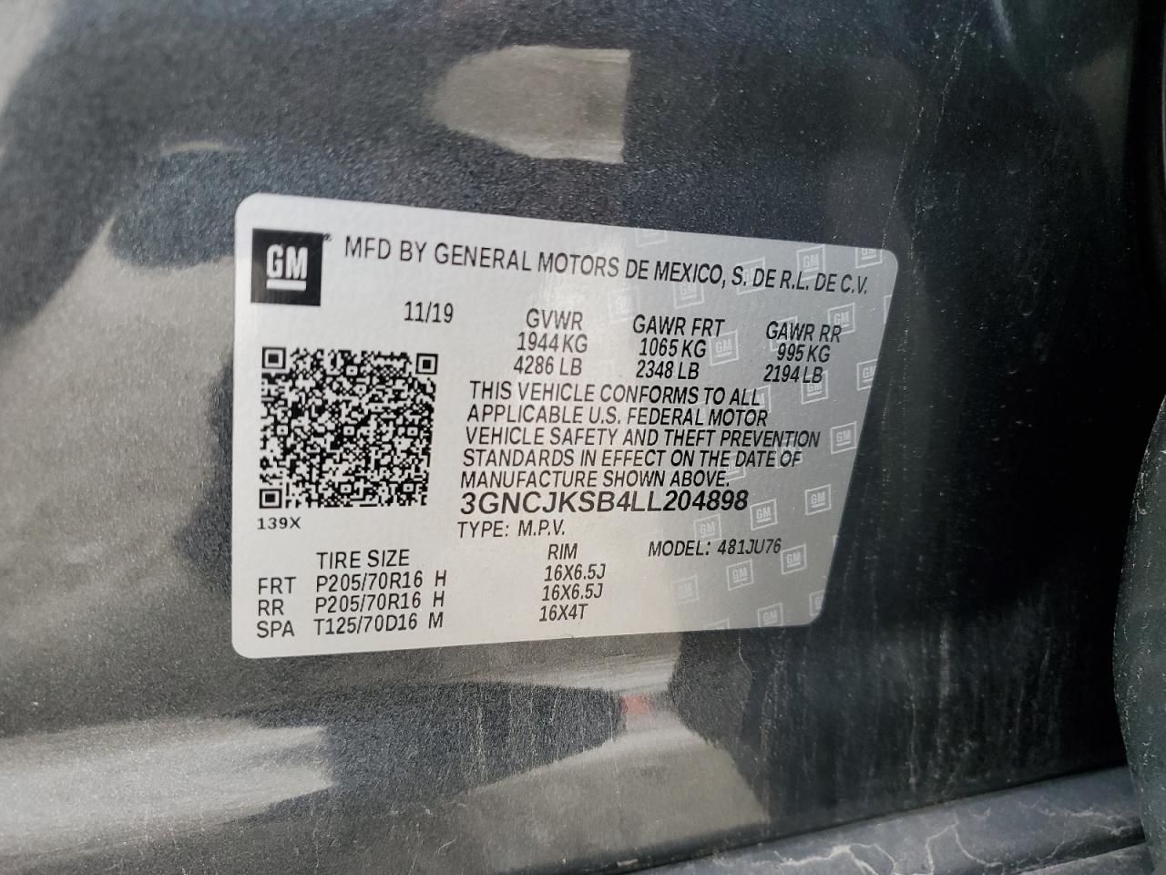 2020 Chevrolet Trax Ls VIN: 3GNCJKSB4LL204898 Lot: 69252205