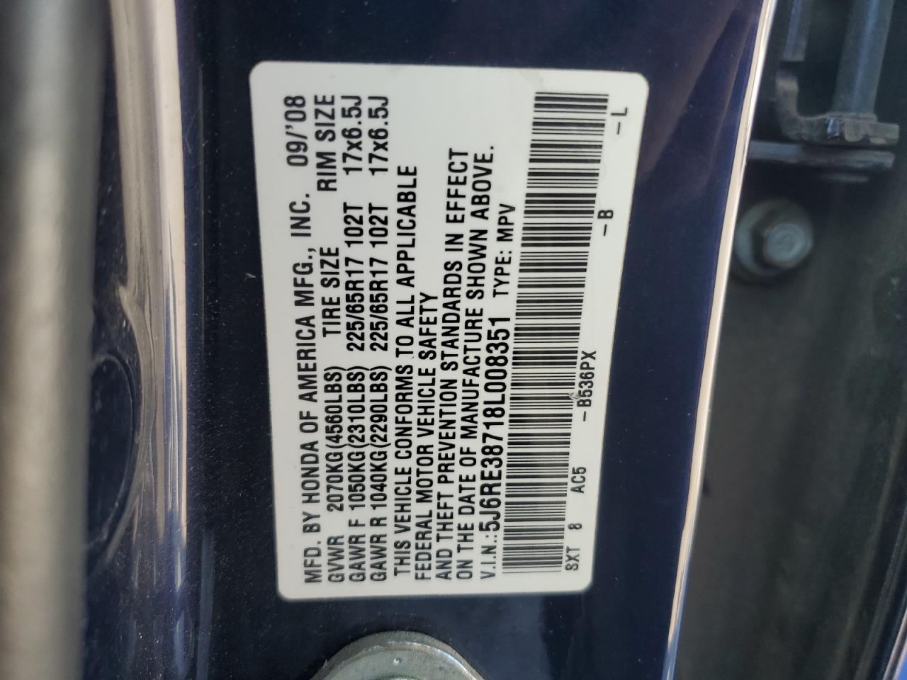 2008 Honda Cr-V Exl VIN: 5J6RE38718L008351 Lot: 70730005