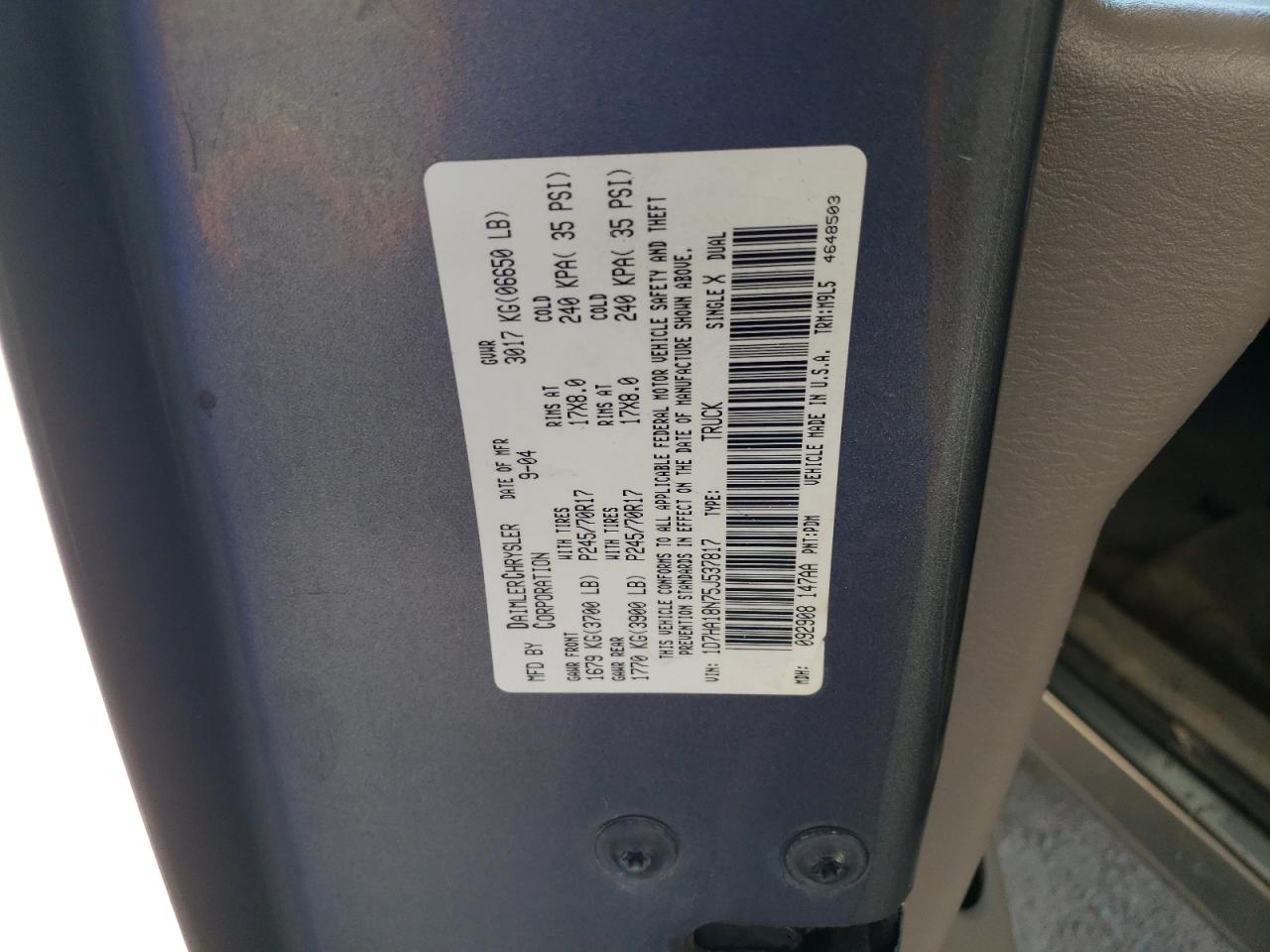 2005 Dodge Ram 1500 St VIN: 1D7HA18N75J537817 Lot: 70058955