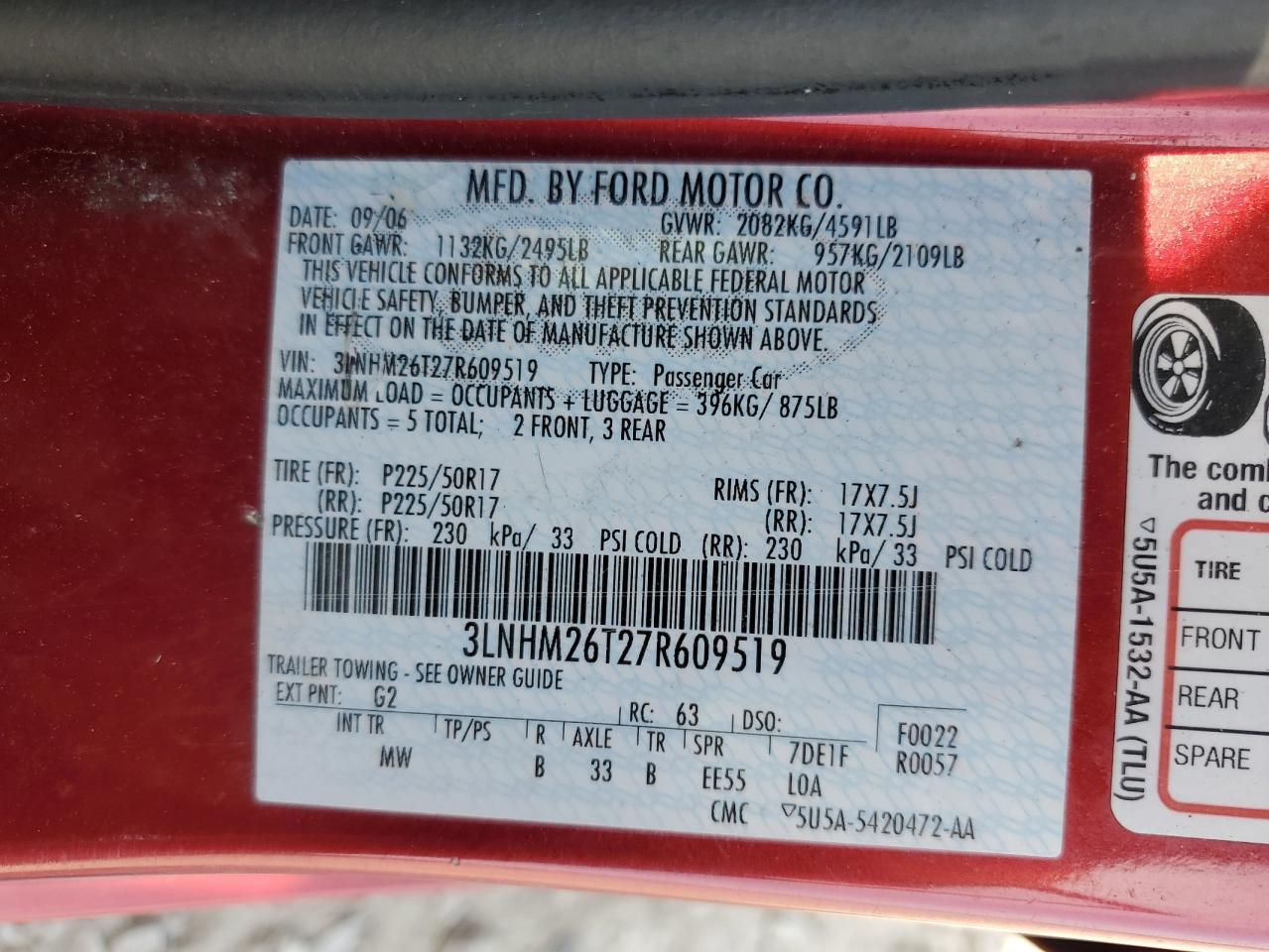 2007 Lincoln Mkz VIN: 3LNHM26T27R609519 Lot: 70742945