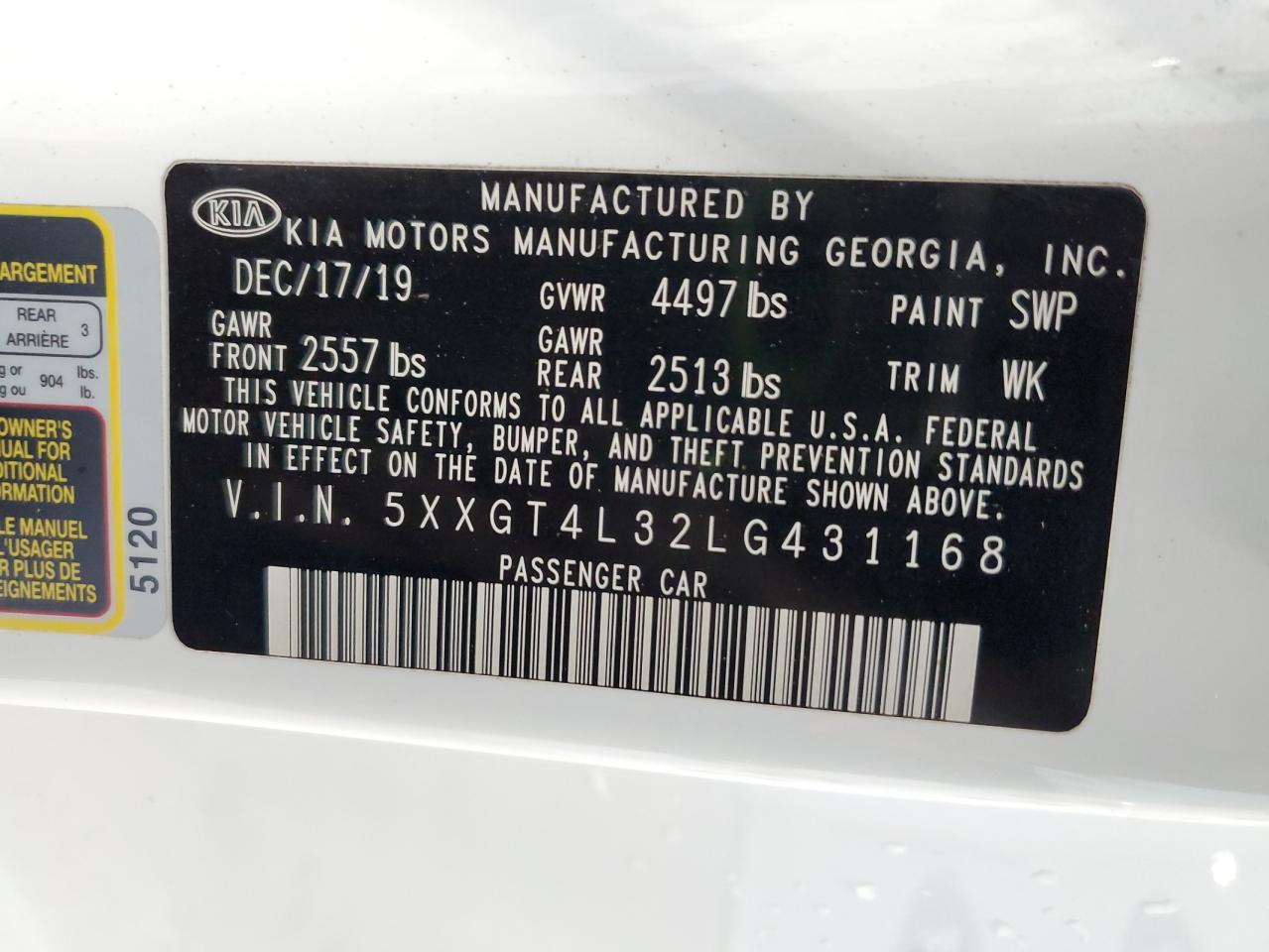 2020 Kia Optima Lx VIN: 5XXGT4L32LG431168 Lot: 67397935