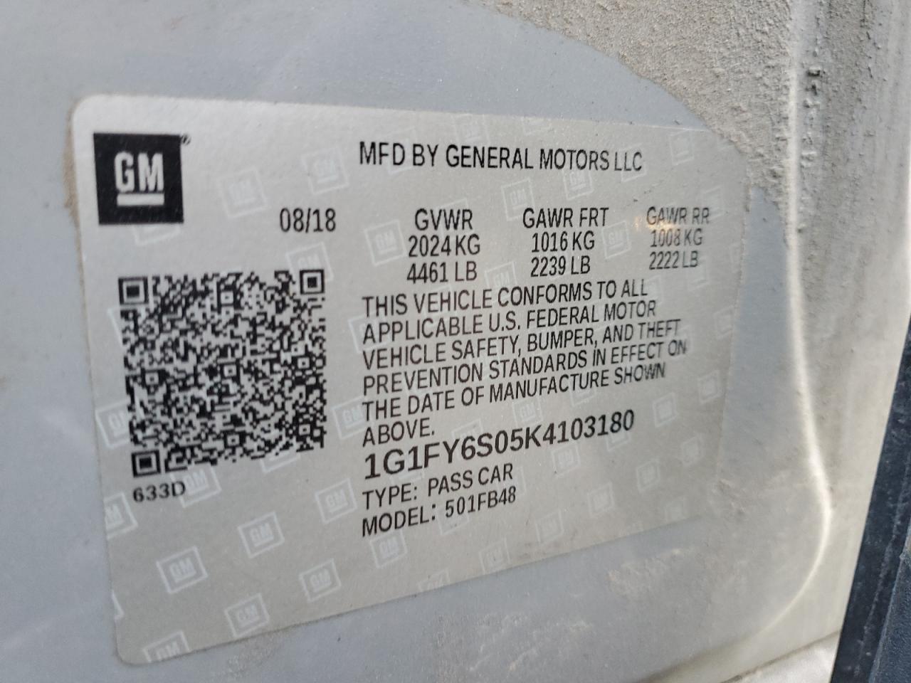 2019 Chevrolet Bolt Ev Lt VIN: 1G1FY6S05K4103180 Lot: 67974485