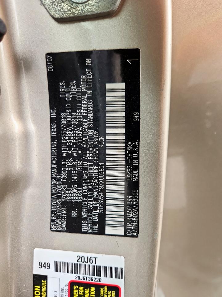 2007 Toyota Tundra Double Cab Sr5 VIN: 5TFSV54197X003801 Lot: 69965245
