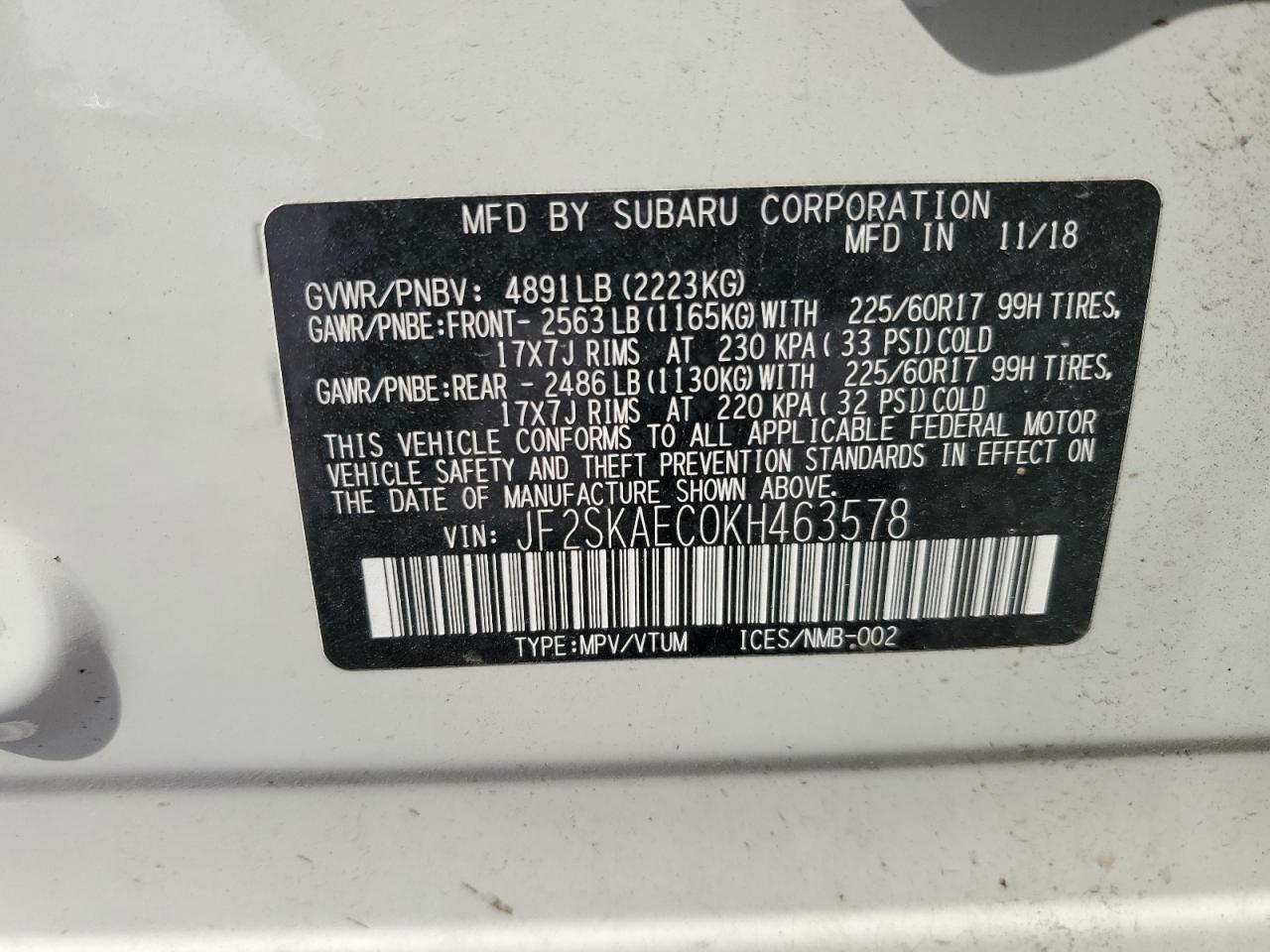 2019 Subaru Forester Premium VIN: JF2SKAEC0KH463578 Lot: 66955355