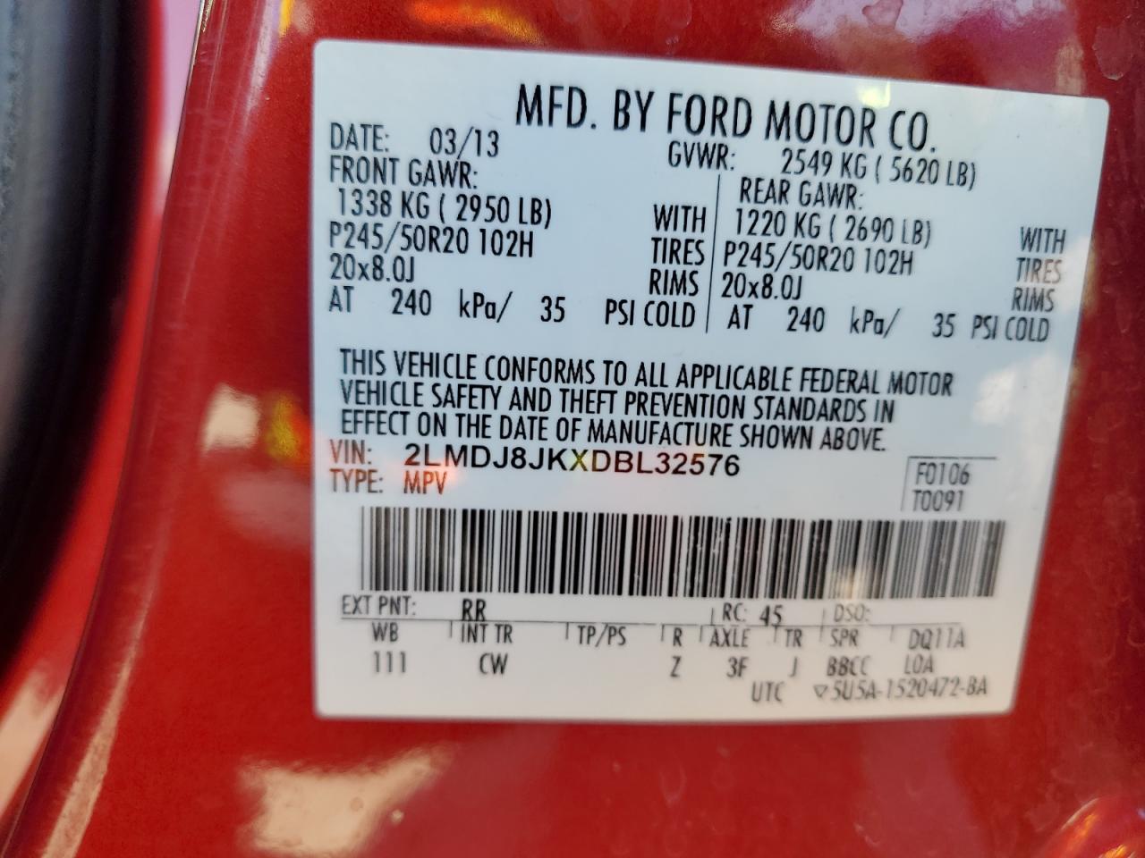 2013 Lincoln Mkx VIN: 2LMDJ8JKXDBL32576 Lot: 69008545