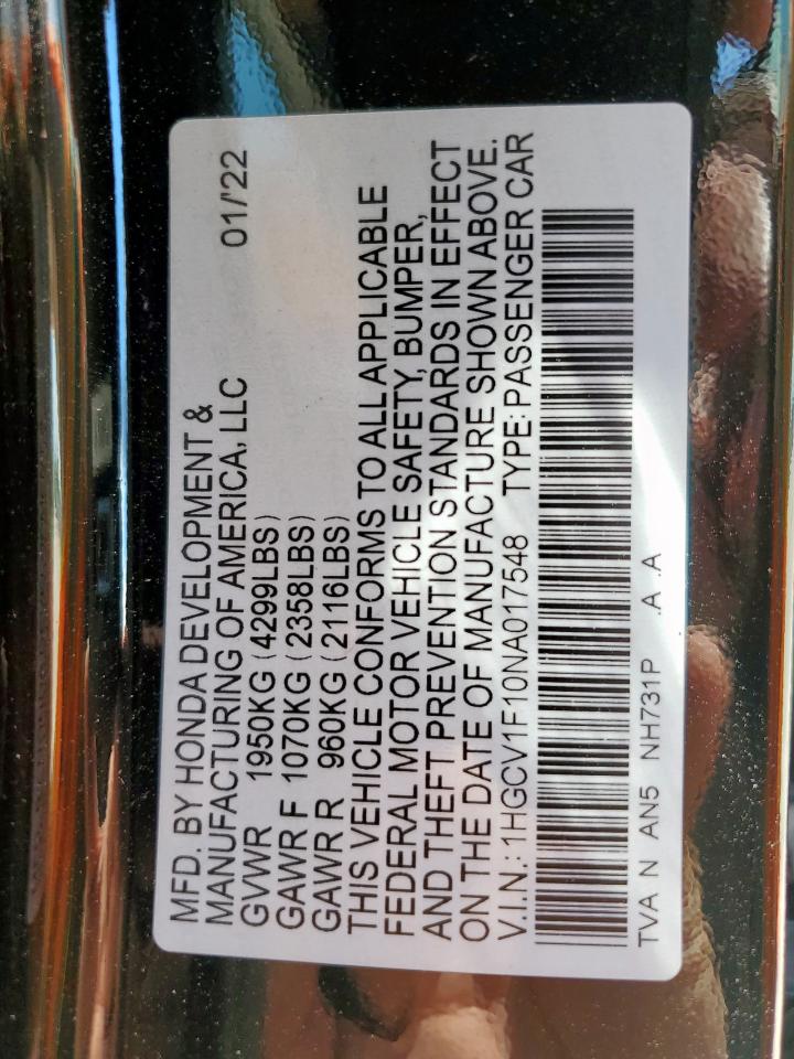 2022 Honda Accord Lx VIN: 1HGCV1F10NA017548 Lot: 69882815