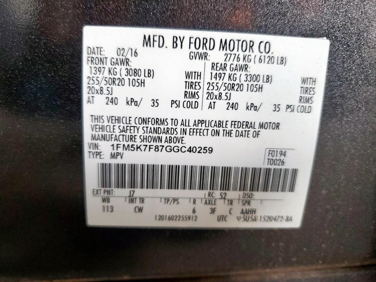 2016 Ford Explorer Limited VIN: 1FM5K7F87GGC40259 Lot: 68547445