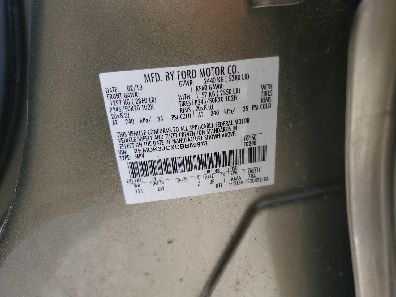 2013 Ford Edge Sel VIN: 2FMDK3JCXDBB89973 Lot: 68530205