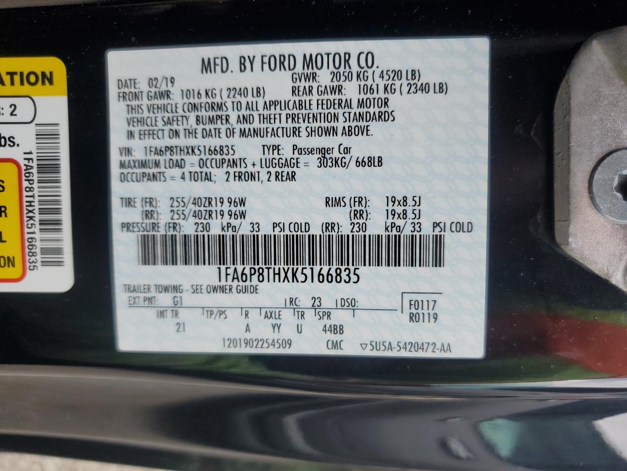 2019 Ford Mustang VIN: 1FA6P8THXK5166835 Lot: 70301455