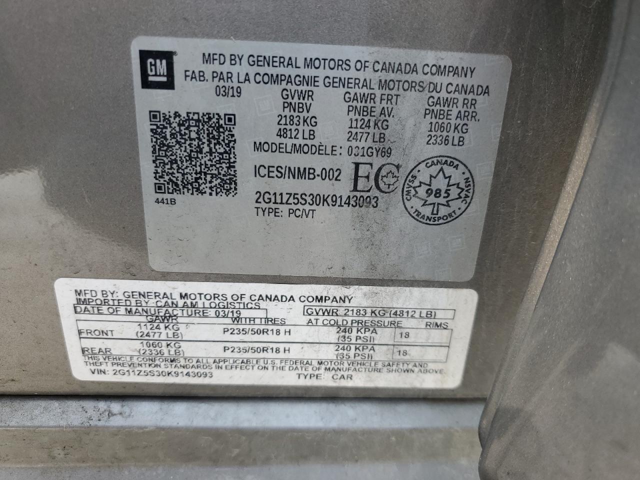 2019 Chevrolet Impala Lt VIN: 2G11Z5S30K9143093 Lot: 68769095