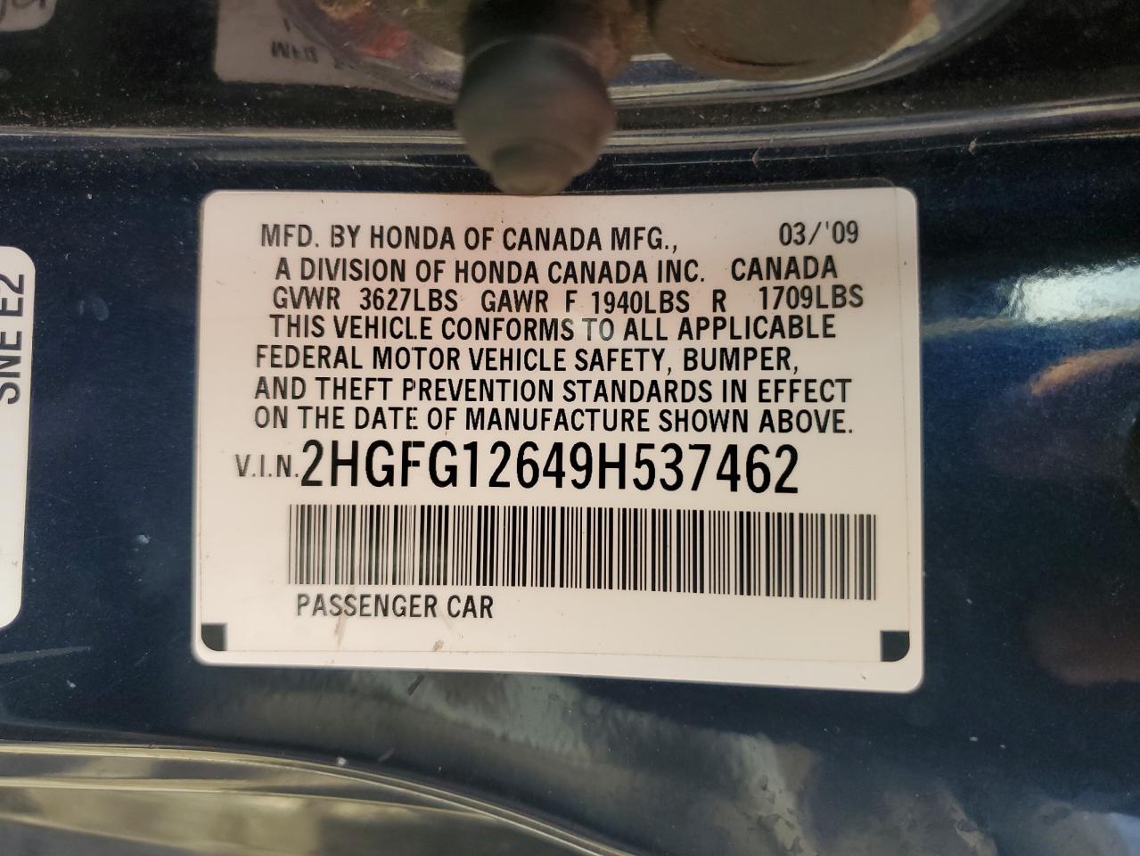 2009 Honda Civic Lx VIN: 2HGFG12649H537462 Lot: 69615015