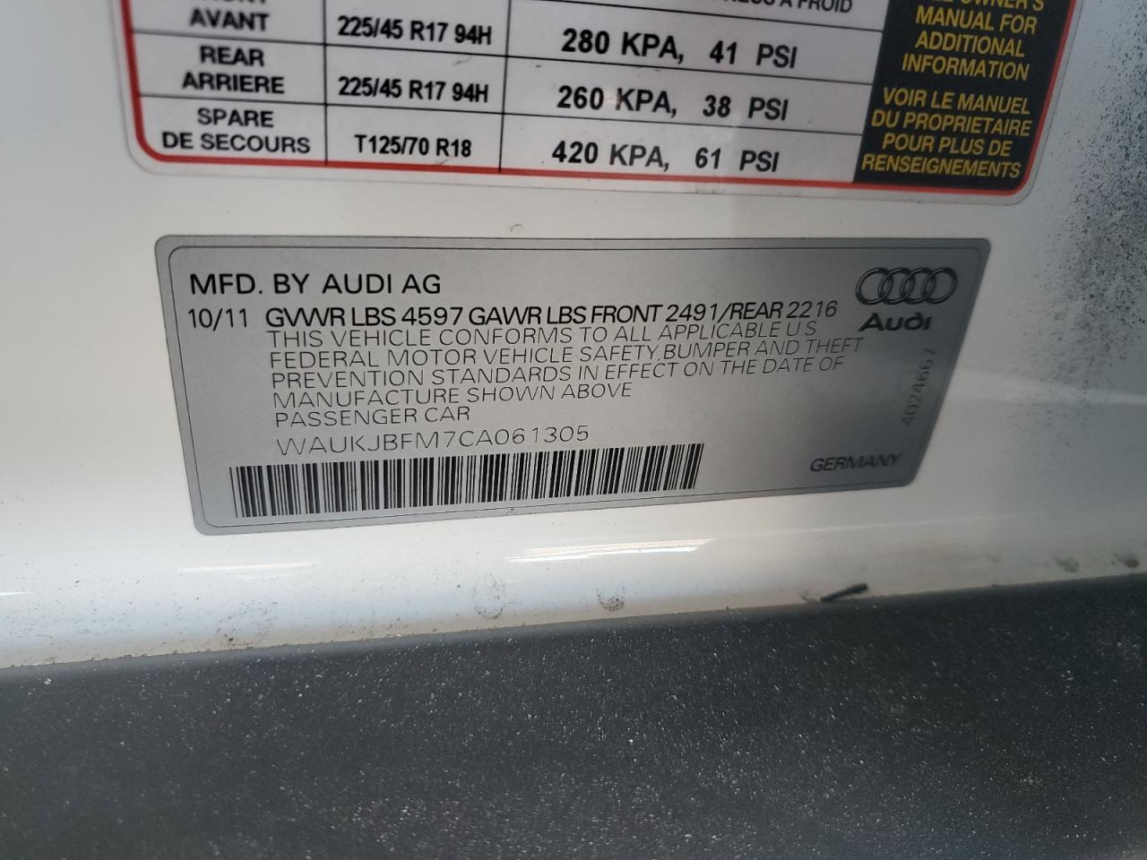 2012 Audi A3 Premium Plus VIN: WAUKJBFM7CA061305 Lot: 70245655