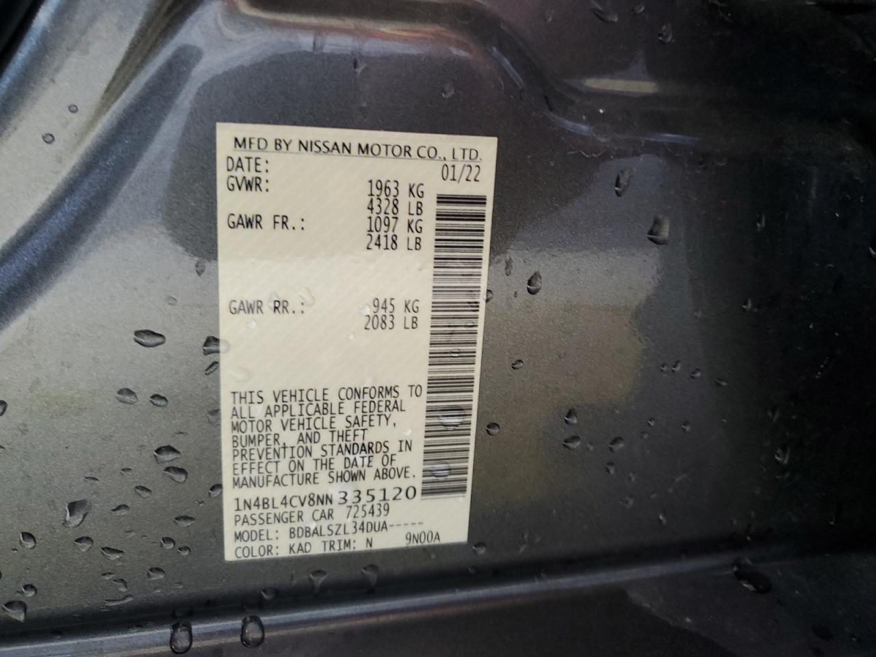 2022 Nissan Altima Sr VIN: 1N4BL4CV8NN335120 Lot: 68479955