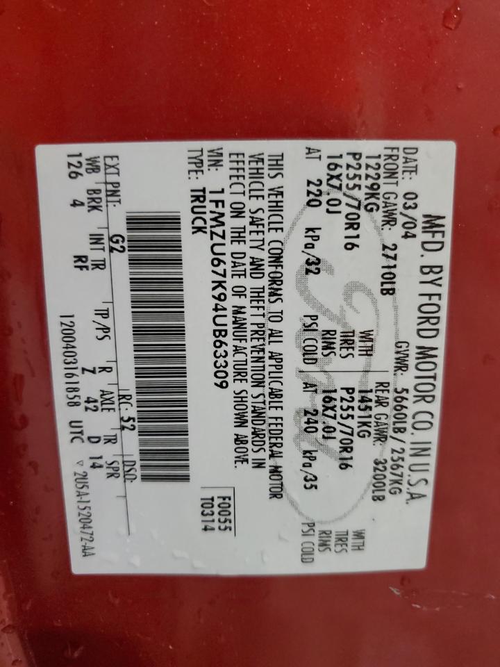 2004 Ford Explorer Sport Trac VIN: 1FMZU67K94UB63309 Lot: 70963875