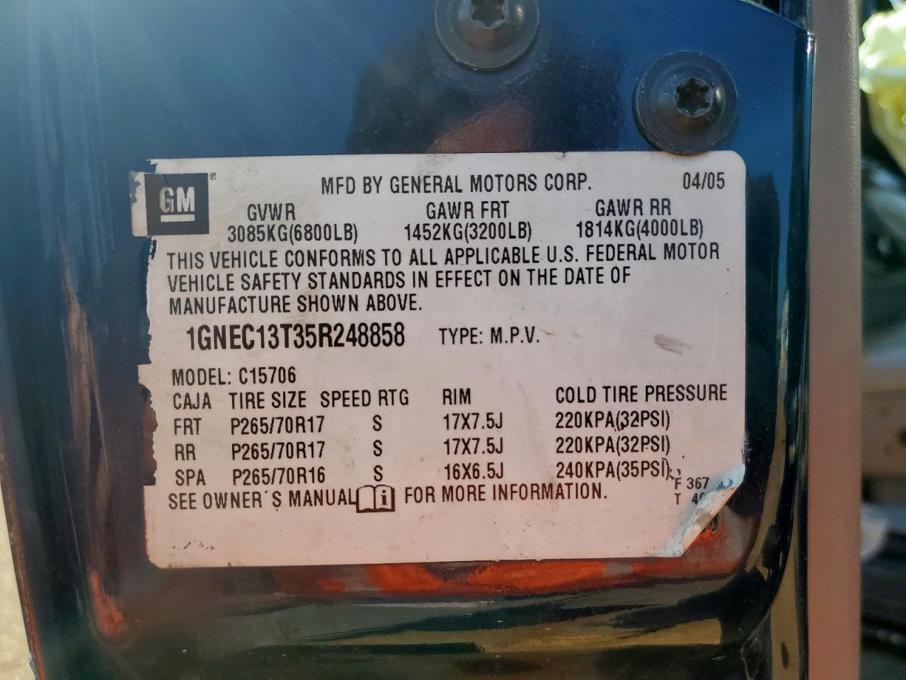 2005 Chevrolet Tahoe C1500 VIN: 1GNEC13T35R248858 Lot: 67605455