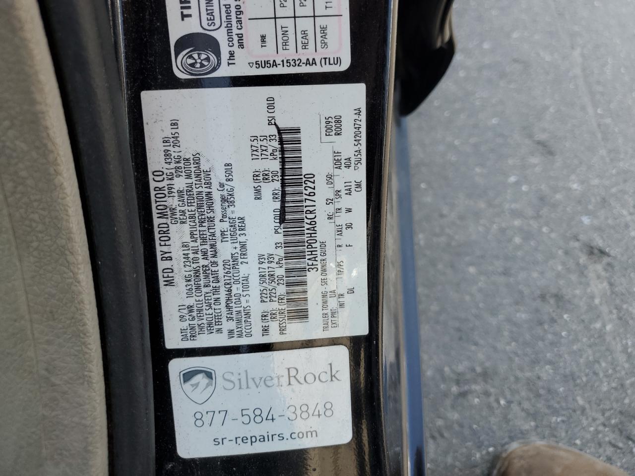 2012 Ford Fusion Se VIN: 3FAHP0HA6CR176220 Lot: 68006505