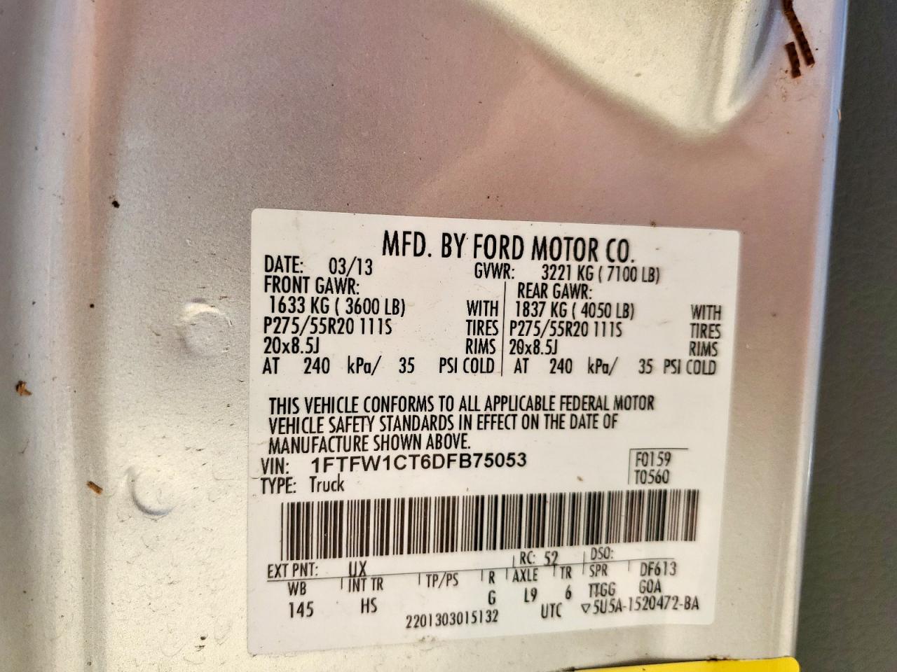 2013 Ford F150 Supercrew VIN: 1FTFW1CT6DFB75053 Lot: 70470685