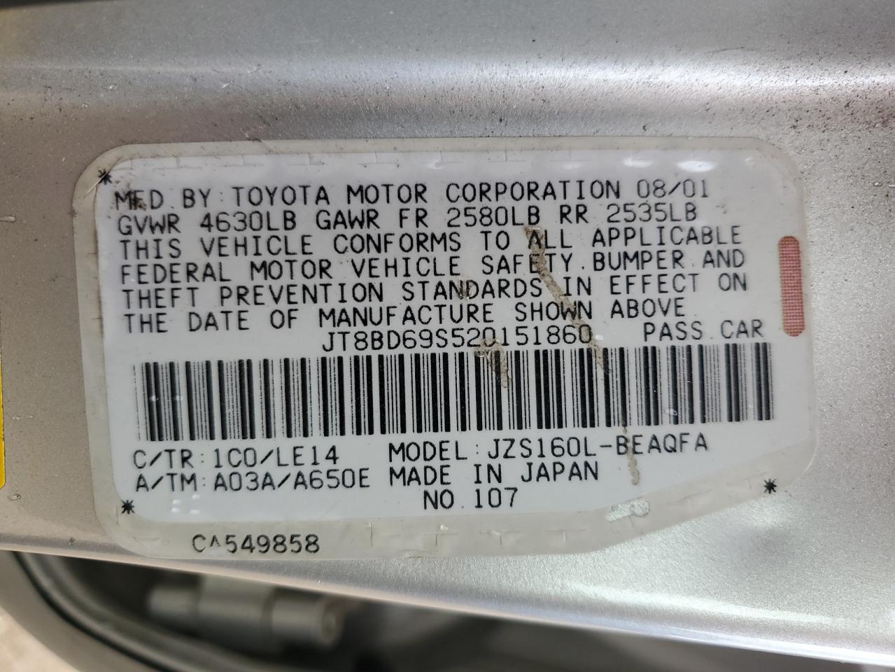 2002 Lexus Gs 300 VIN: JT8BD69S520151860 Lot: 68358205