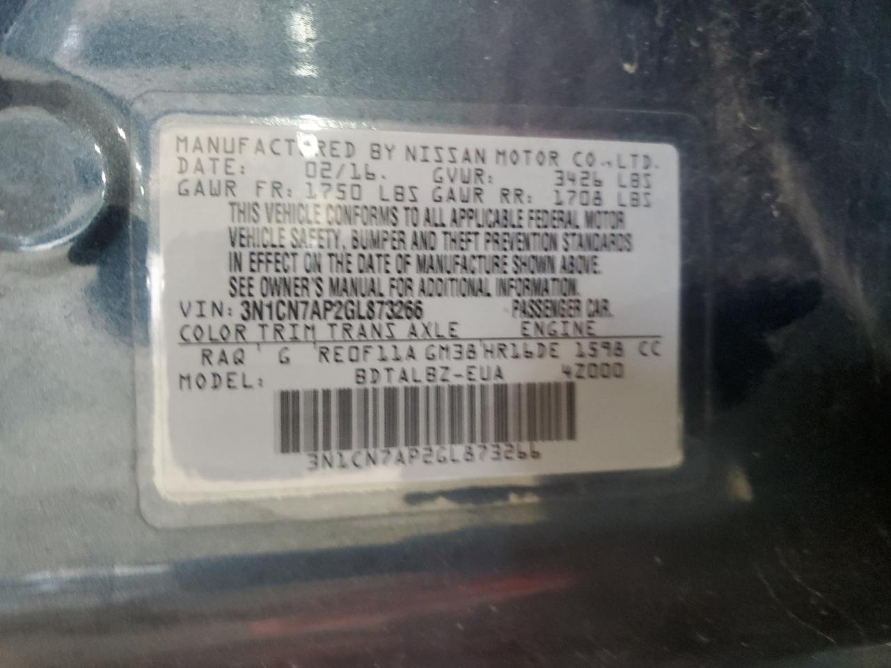 2016 Nissan Versa S VIN: 3N1CN7AP2GL873266 Lot: 69656515