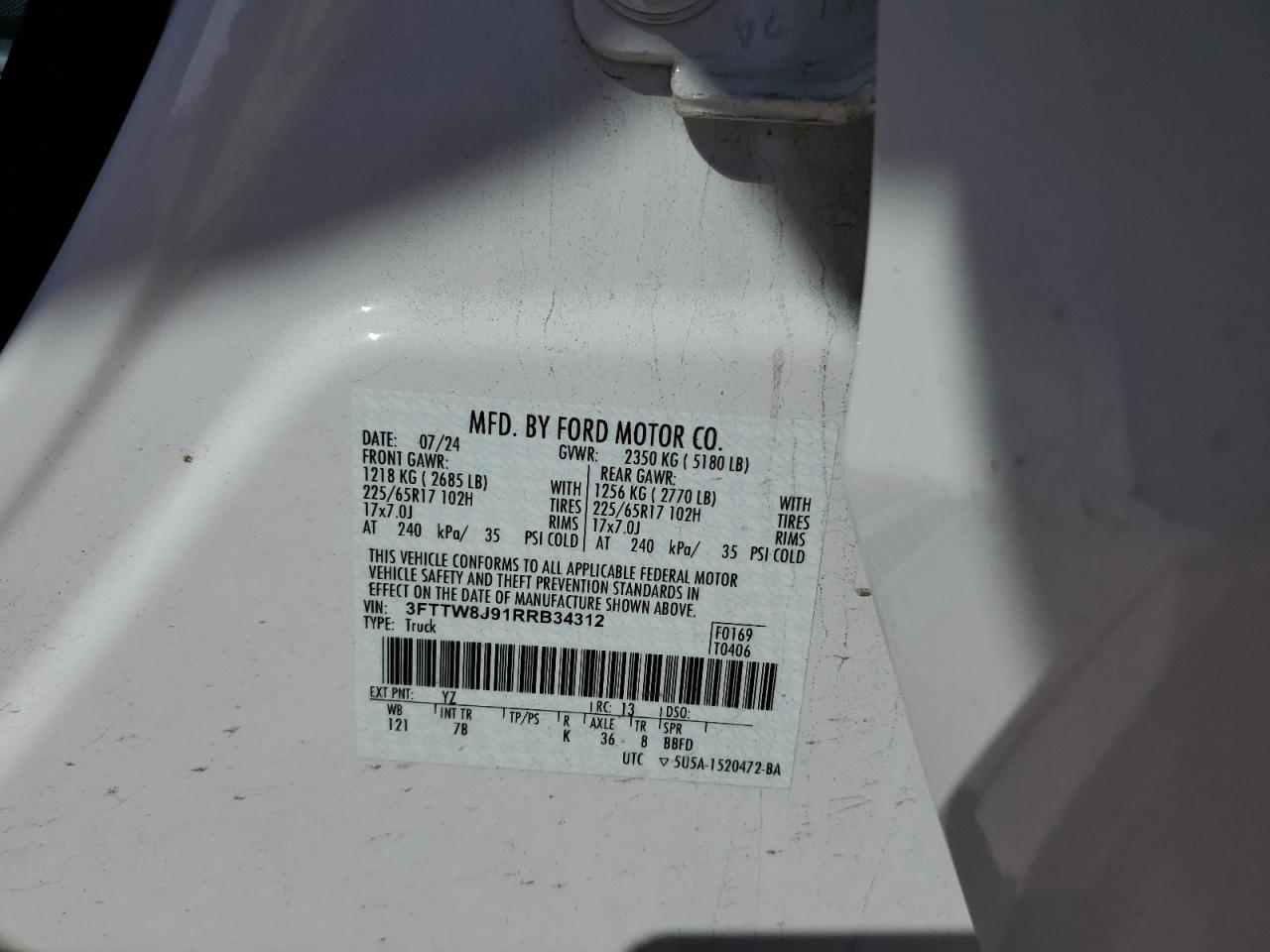 2024 Ford Maverick Xlt VIN: 3FTTW8J91RRB34312 Lot: 67650925